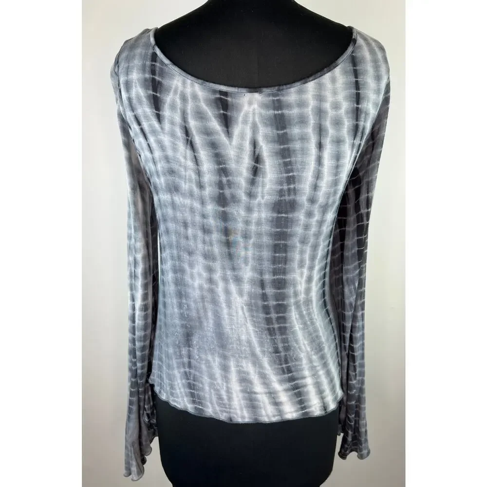 FREE PEOPLE Blue White Tie Dye Flare Bell Sleeve Boho Shirt Top M Medium FLAW